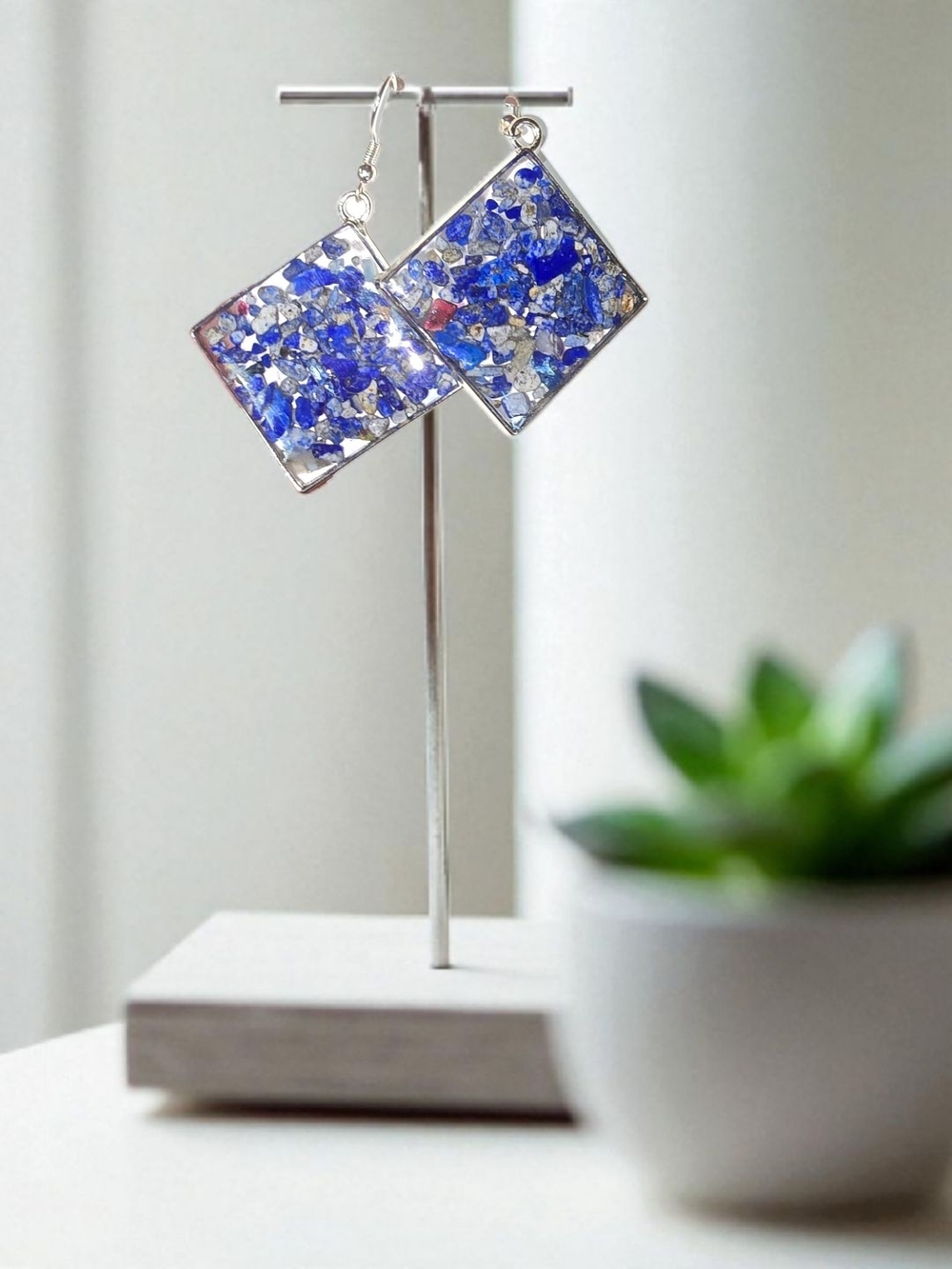 Handcrafted Lapis Lazuli Square Dangle Earrings